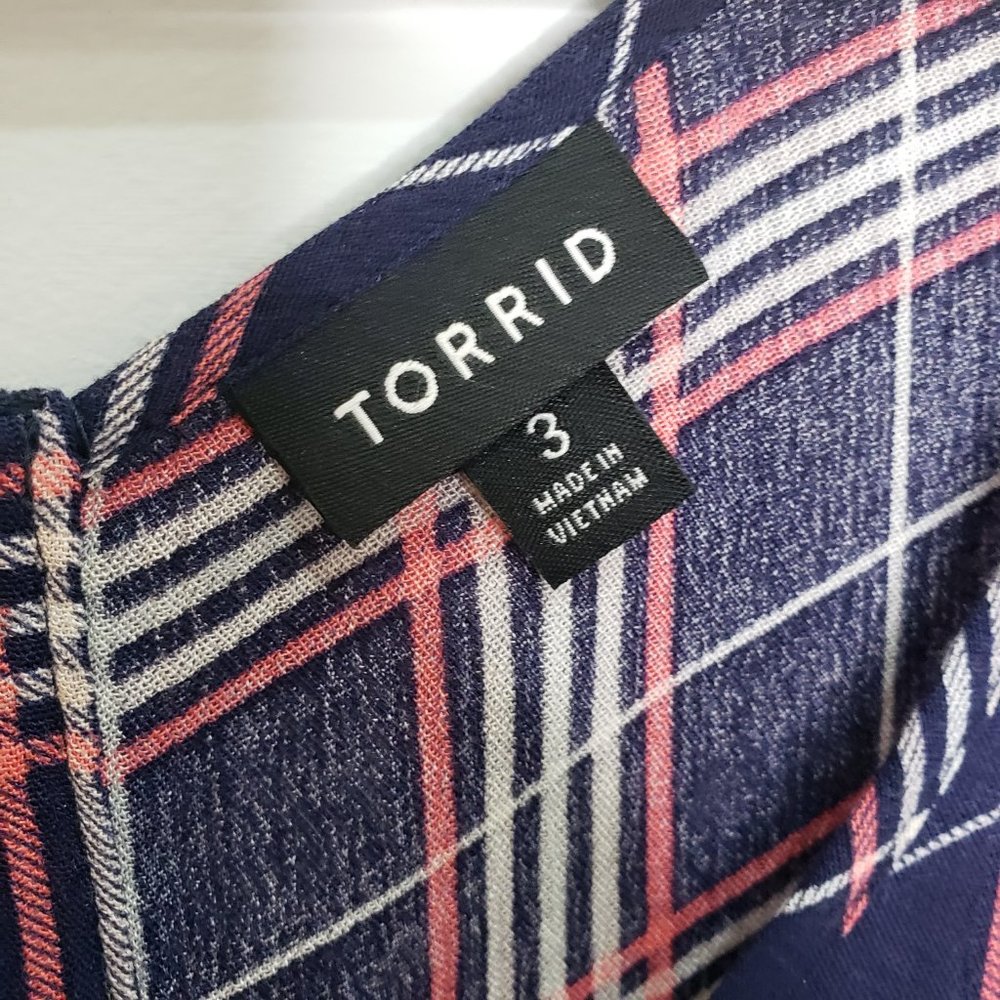 Torrid Abbey Navy Pink Plaid Gauze Button Back Top - Picture 3 of 6